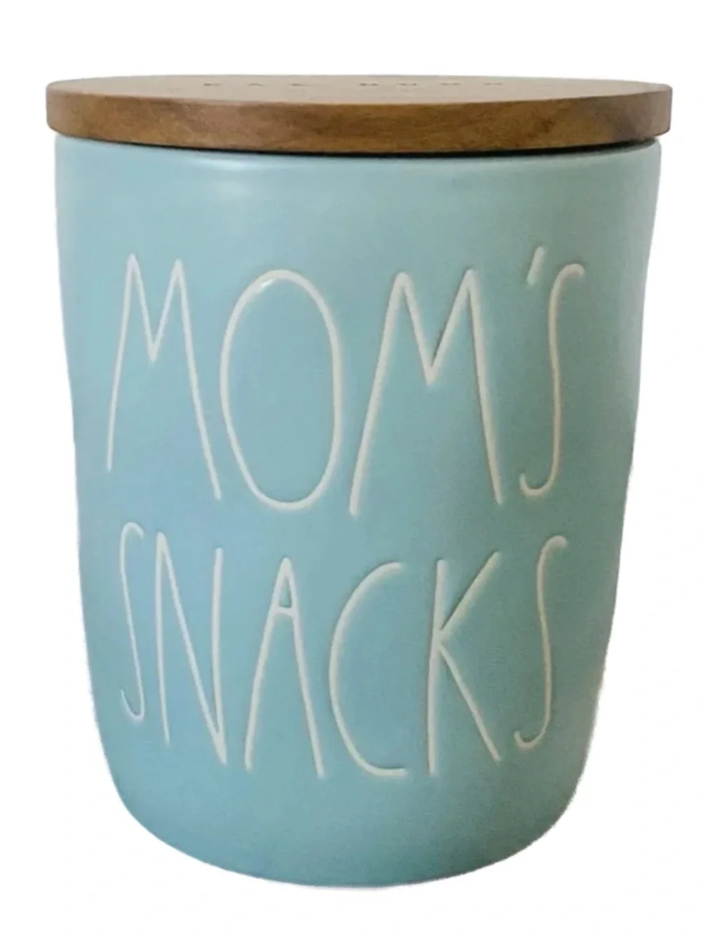 Rae Dunn Mom's Snacks Ceramic Canister with Wooden Lid - Light Blue